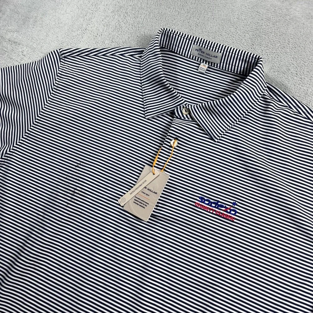 Peter Millar Summer Comfort Polo Shirt Mens XL Navy White Stripe Sodexo Charity - Picture 1 of 10